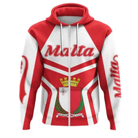 Malta zip hoodie with red hood, white/red stripes, coat of arms graphic on front