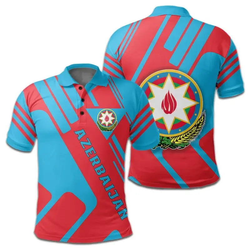 Azerbaijan polo shirt: blue/red diagonal stripes, button collar, crest on back