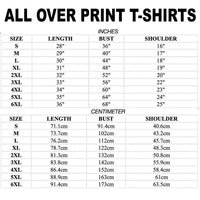 T-shirt size chart with inches and centimeters for S–6XL: length, bust, shoulder