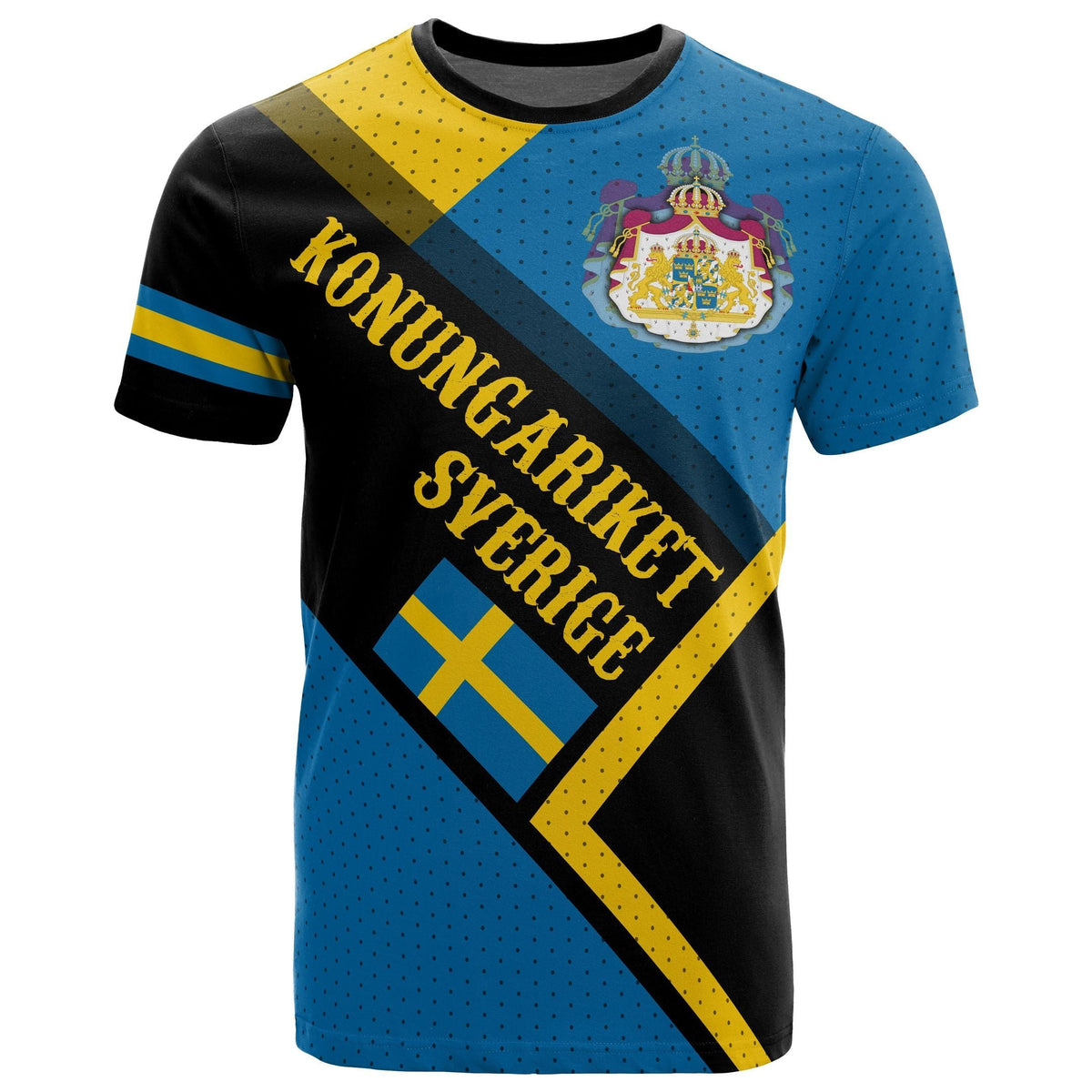 Blue and black graphic T-shirt with diagonal stripe and crowned crest on chest