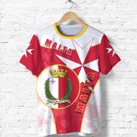 White Malta T-shirt with red flag circle stripes, Maltese cross crest, 'MALTA' front