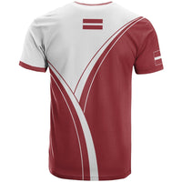 Latvia pride T-shirt back view with diagonal stripe design and small Latvia flag at top