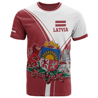 Latvia pride T-shirt with “LATVIA” text and crest graphic on white and red fabric