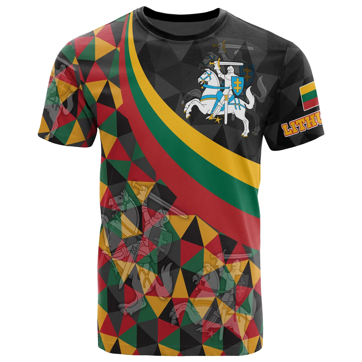Multicolor Lithuania flag-themed t-shirt with coat of arms graphic on front, black base
