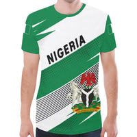 Front green/white Nigeria T-shirt with diagonal stripes, 'NIGERIA' wordmark, emblem