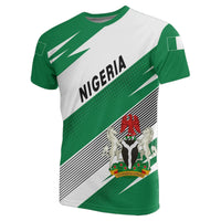 Green and white Nigeria flag graphic T-shirt with diagonal stripes and coat of arms