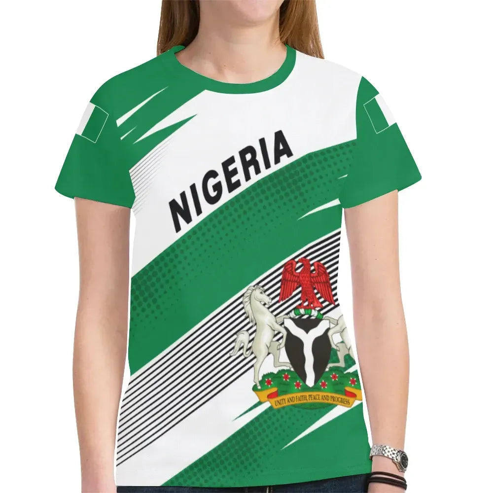 Front green/white Nigeria pride T-shirt with 'NIGERIA' and national emblem