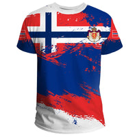 Norway flag T-shirt front with large white cross and red-blue brush strokes
