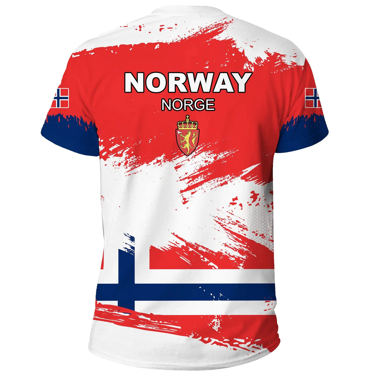 Norway NORGE back text T-shirt with crest, brush flag print in blue/red/white