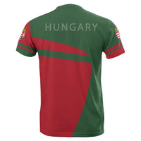 Back view: green and red Hungary sport T-shirt with 'HUNGARY' lettering