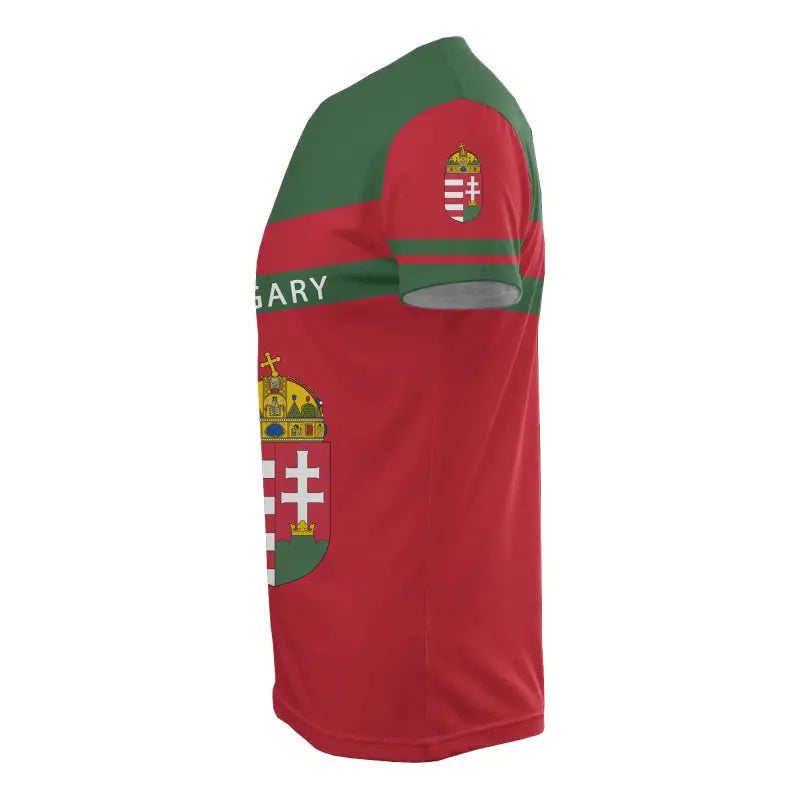 Green and red sport T-shirt side with Hungary crest on sleeve