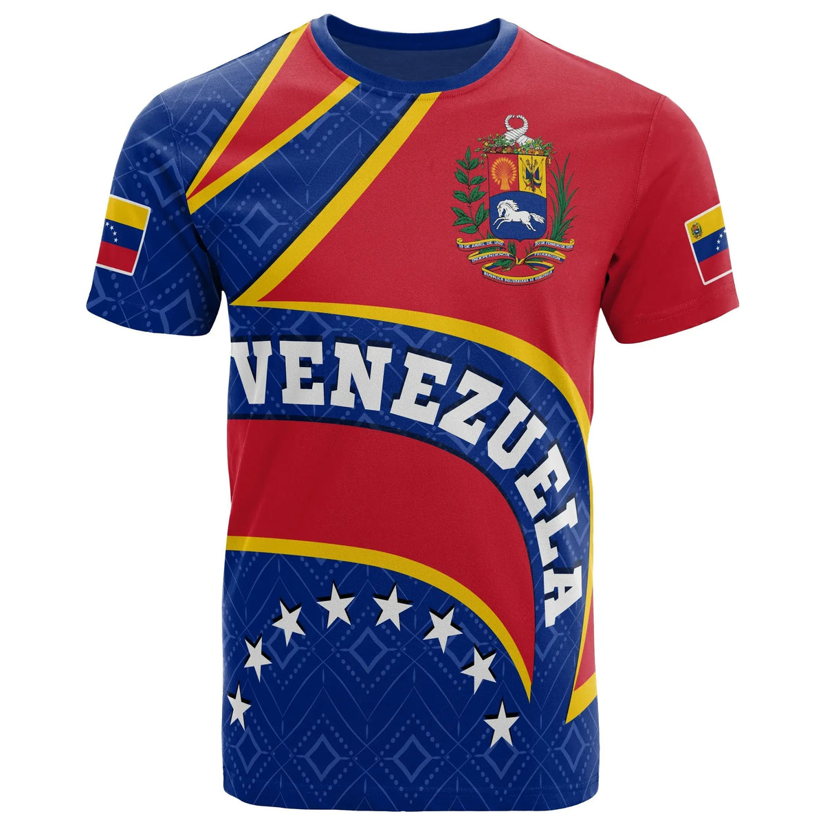 Venezuela flag T-shirt in red and blue with crest emblem and VENEZUELA text