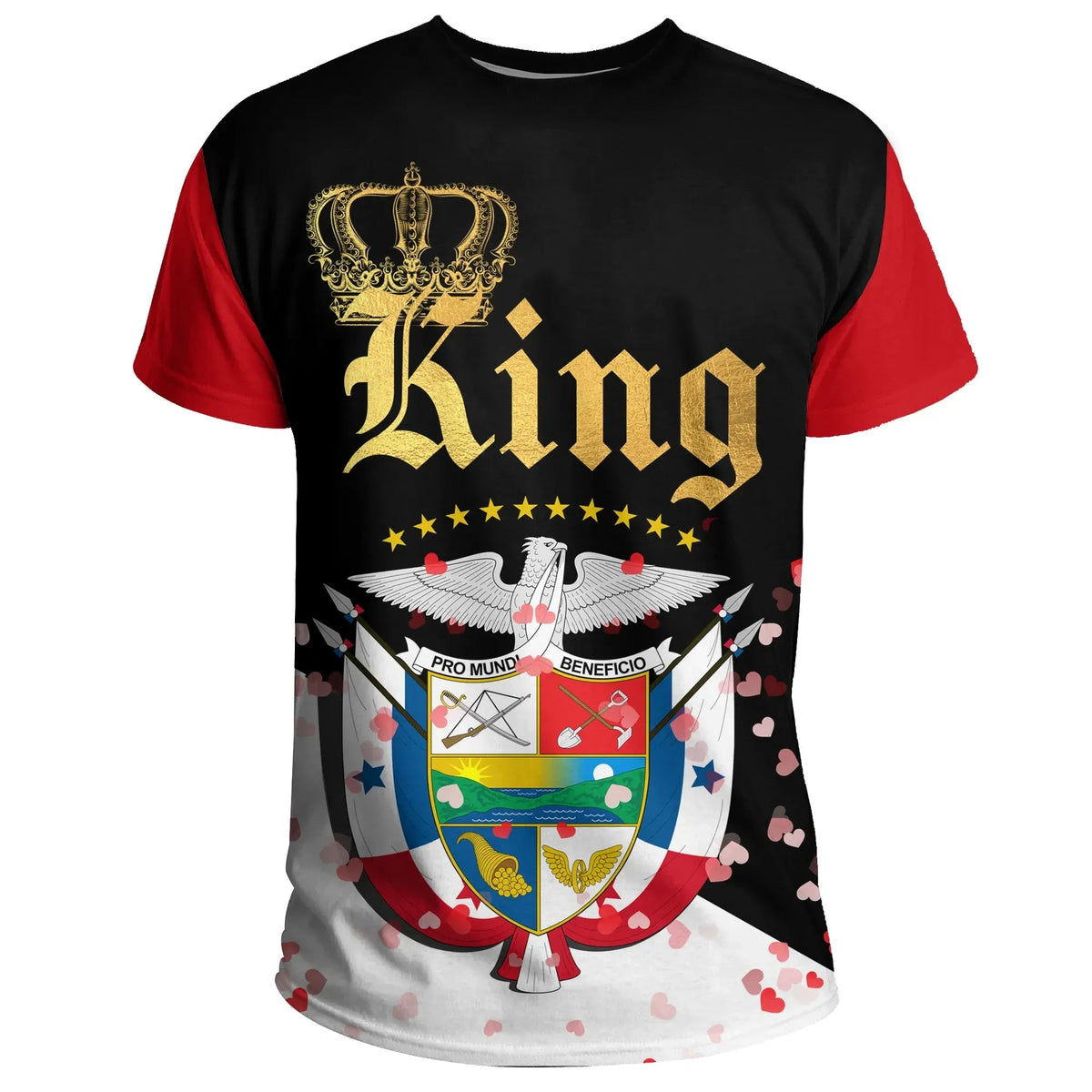 Black and red King T-shirt with gold crown graphic and shield emblem on front