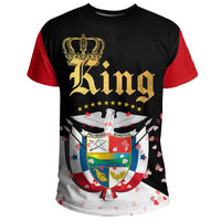 Black and red King T-shirt with gold crown graphic and shield emblem on front