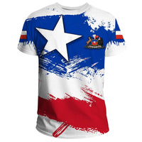 Chile flag T-shirt with large white star and coat of arms on front, multicolor print