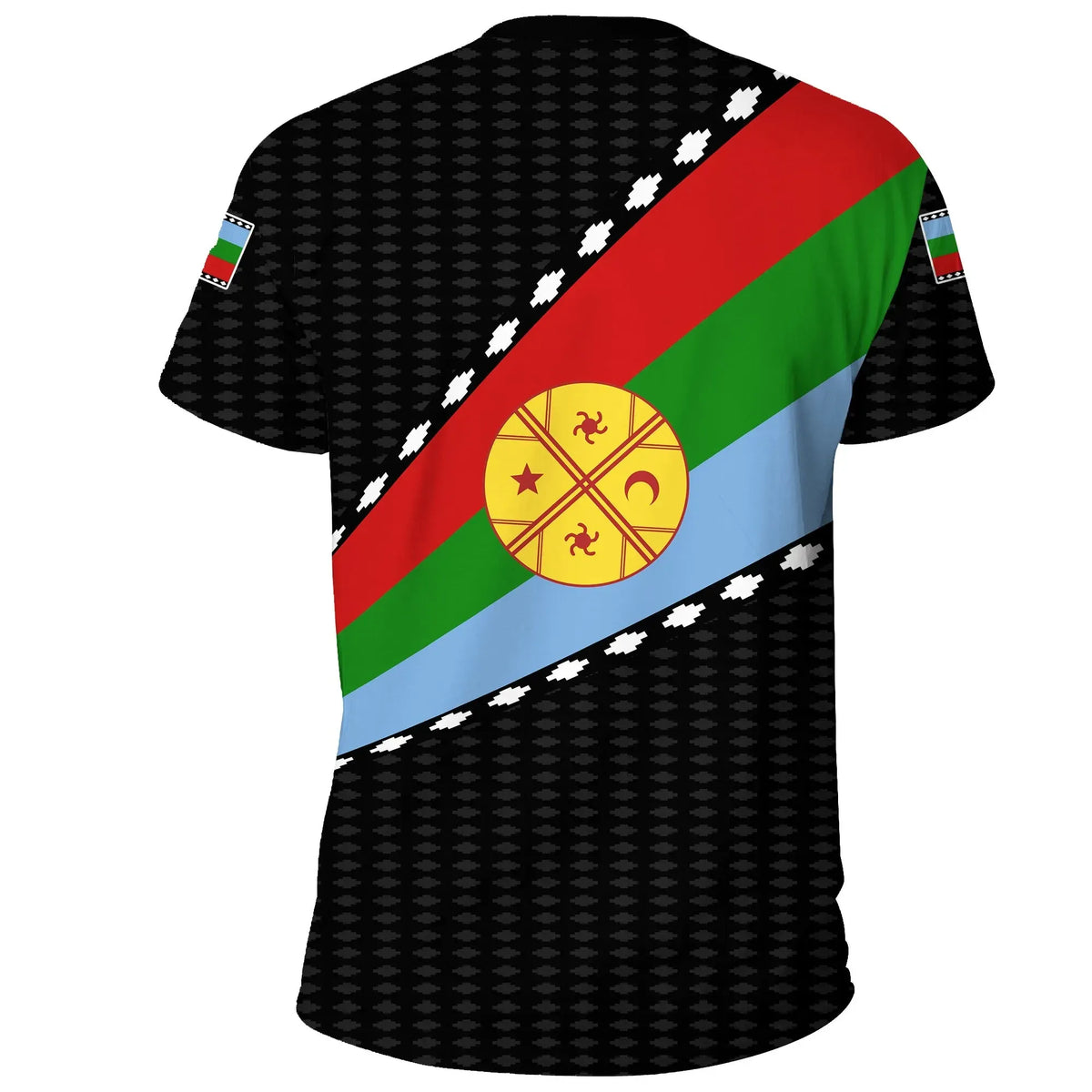 Black T-shirt back with Mapuche flag diagonal stripe and circular emblem print