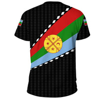 Black T-shirt back with Mapuche flag diagonal stripe and circular emblem print
