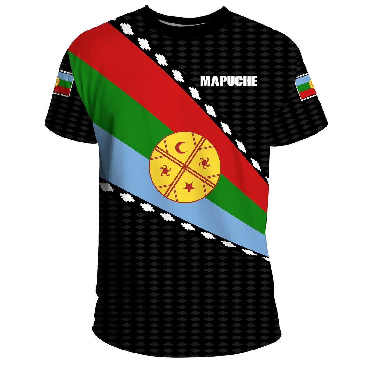 Black T-shirt with Mapuche flag diagonal stripe and circular emblem print