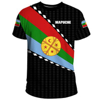 Black T-shirt with Mapuche flag diagonal stripe and circular emblem print