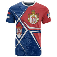 Serbia flag graphic T-shirt, red and blue with crest and white geometric lines