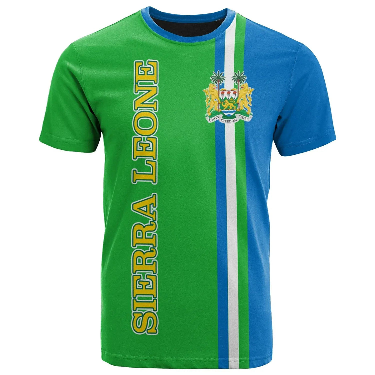 Green and blue colorblock Sierra Leone graphic T-shirt, vertical text and crest