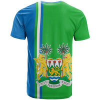 Back view of green and blue colorblock T-shirt with lion coat-of-arms and laurels