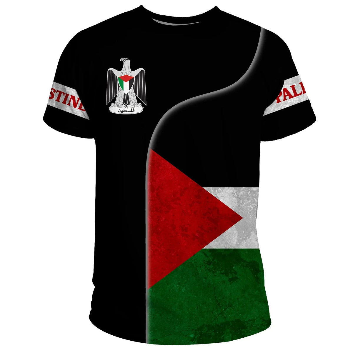 Black T-shirt with Palestine flag graphic and coat of arms on the front