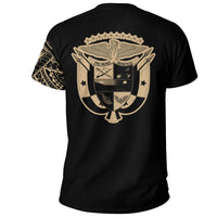 Black T-shirt with gold crest tattoo-style back graphic