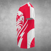 Red and white T-shirt side view with stylized eagle head print