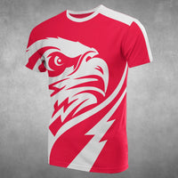 Red T-shirt front with bold white eagle and lightning-style stripes