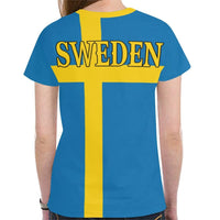 Blue Sweden flag T-shirt back: large SWEDEN text over yellow cross center