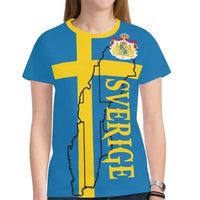 Blue Sweden flag T-shirt: yellow cross over map with SVERIGE and crest on chest
