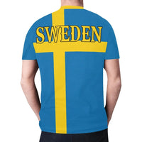 Blue Sweden flag T-shirt back: SWEDEN across top bar with yellow cross design
