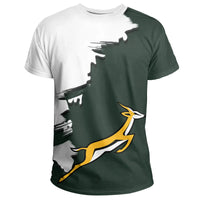 Short-sleeve T-shirt with springbok and South Africa scratch graphic, dark green/white