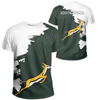 Two-tone South Africa springbok graphic T-shirt, dark green and white, front views