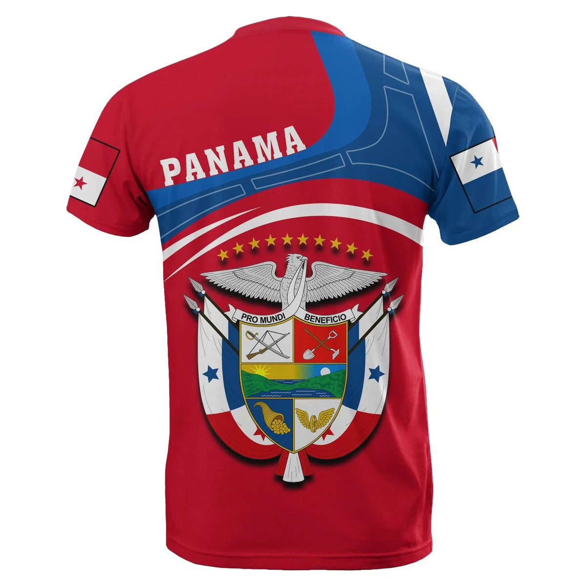 Red T-shirt back with PANAMA text and crest emblem graphic