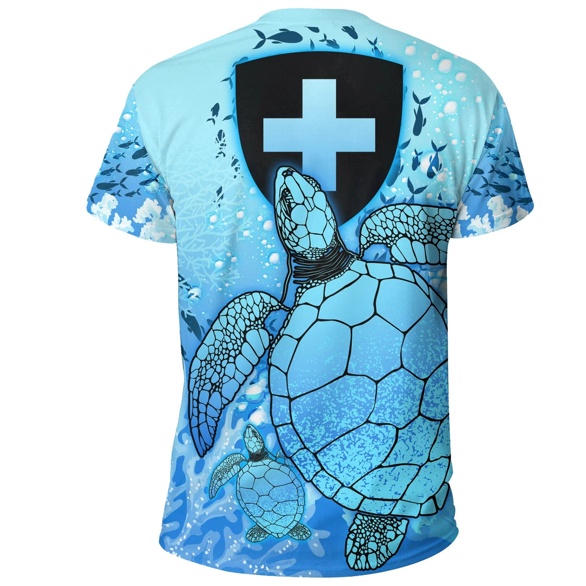 Light blue T-shirt with large black Swiss cross and sea turtle design on the back