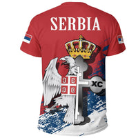 Red back of T-shirt with large 'SERBIA' text and eagle/cross crest graphic