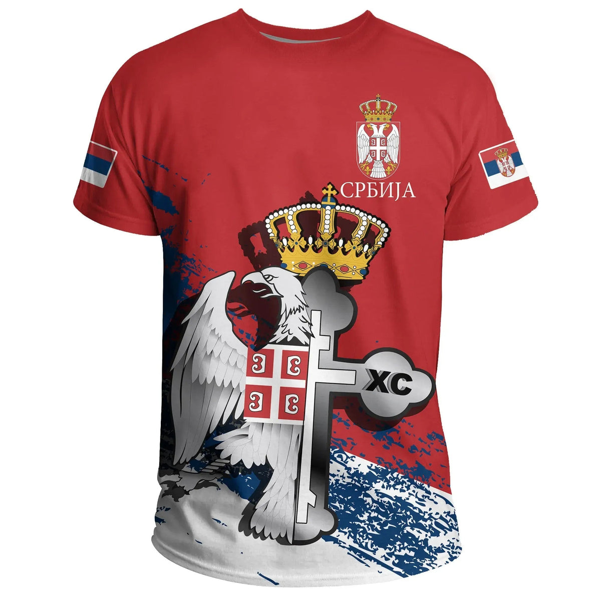 Red T-shirt with Serbian eagle, Orthodox cross emblem and 'Serbia' print on front
