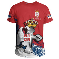 Red T-shirt with Serbian eagle, Orthodox cross emblem and 'Serbia' print on front