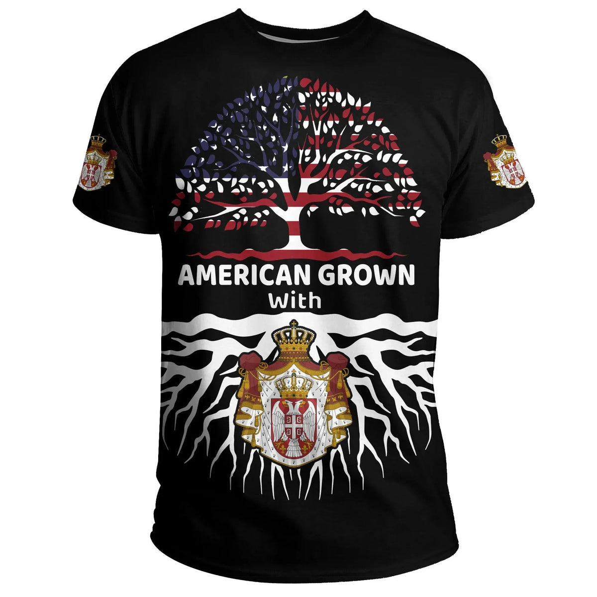 Black T-shirt with tree graphic, American Grown With text, and crest emblem