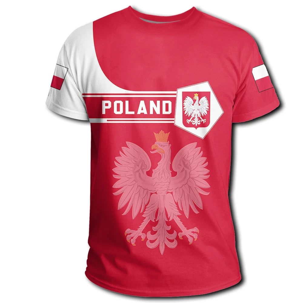 Red Polish t-shirt with white sleeve panels, POLAND text, and eagle crest design