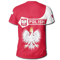 Red back view t-shirt with POLISH wordmark and Polish eagle coat of arms graphic