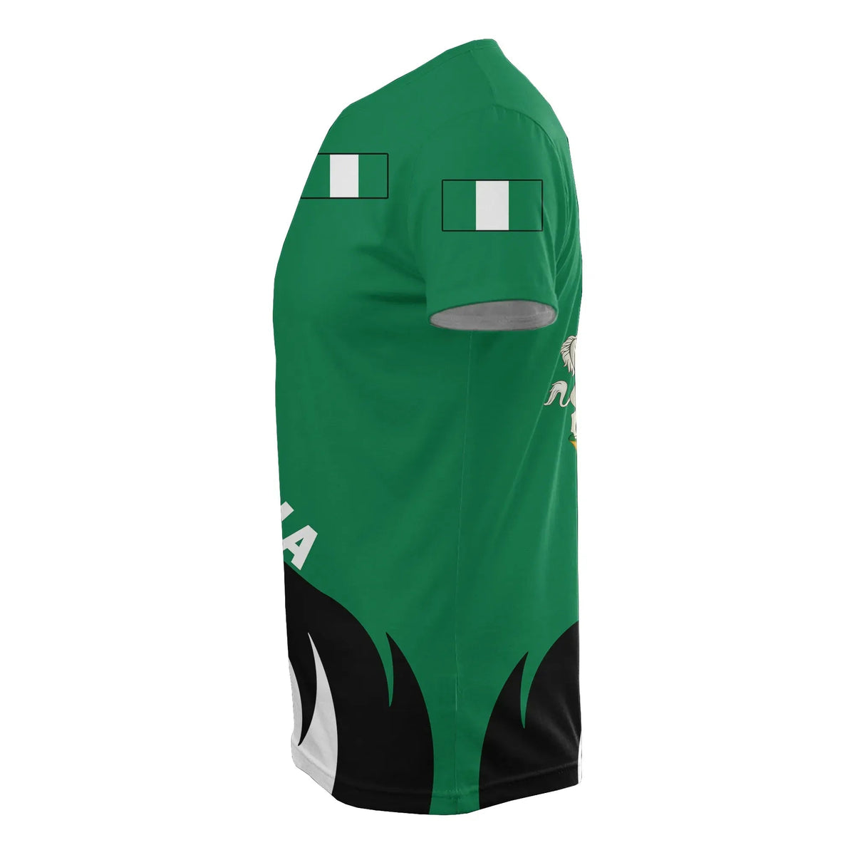 Green and white Nigeria T-shirt side view with black flame graphic and flag square on sleeve