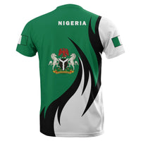 Back of green Nigeria T-shirt with crest, NIGERIA text, black flame, and white curved panel