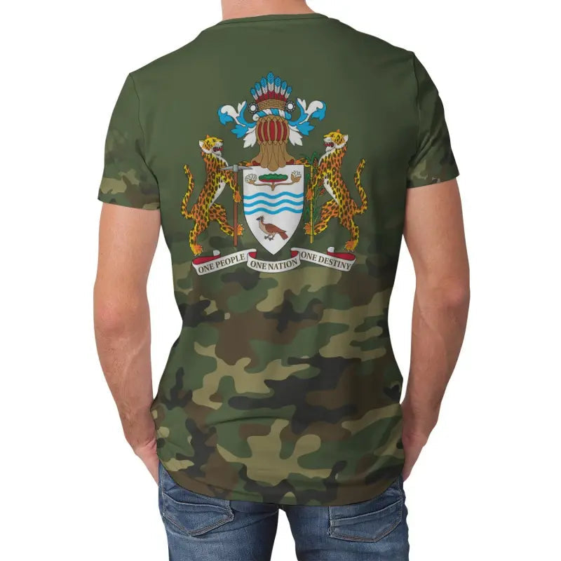 Olive camo T-shirt with Guyana coat of arms back graphic and text