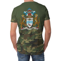 Olive camo T-shirt with Guyana coat of arms back graphic and text