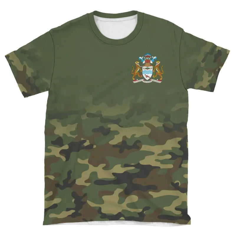 Olive camo crewneck T-shirt with small Guyana crest logo on the front