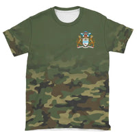 Olive camo crewneck T-shirt with small Guyana crest logo on the front
