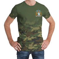 Olive camo T-shirt front view with Guyana crest patch graphic